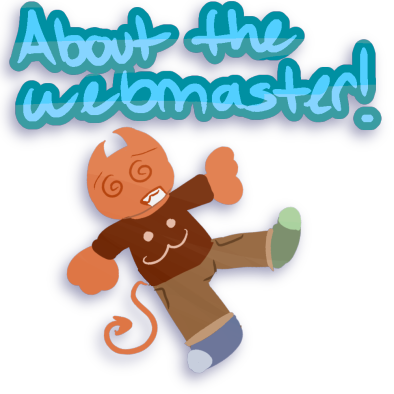 An orange demon which serves as the webmaster's sona dizzy and in the process of falling over. The words 'About the Webmaster' are above