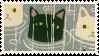 a stamp that has a black cat in the water. It is surrounded by white cats, and it's raining.